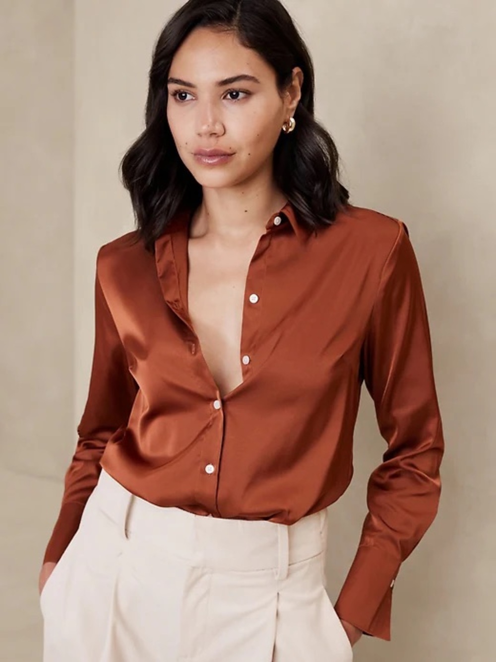 Banana Republic Satin Classic Shirt in Adobe Brick | Sz LP